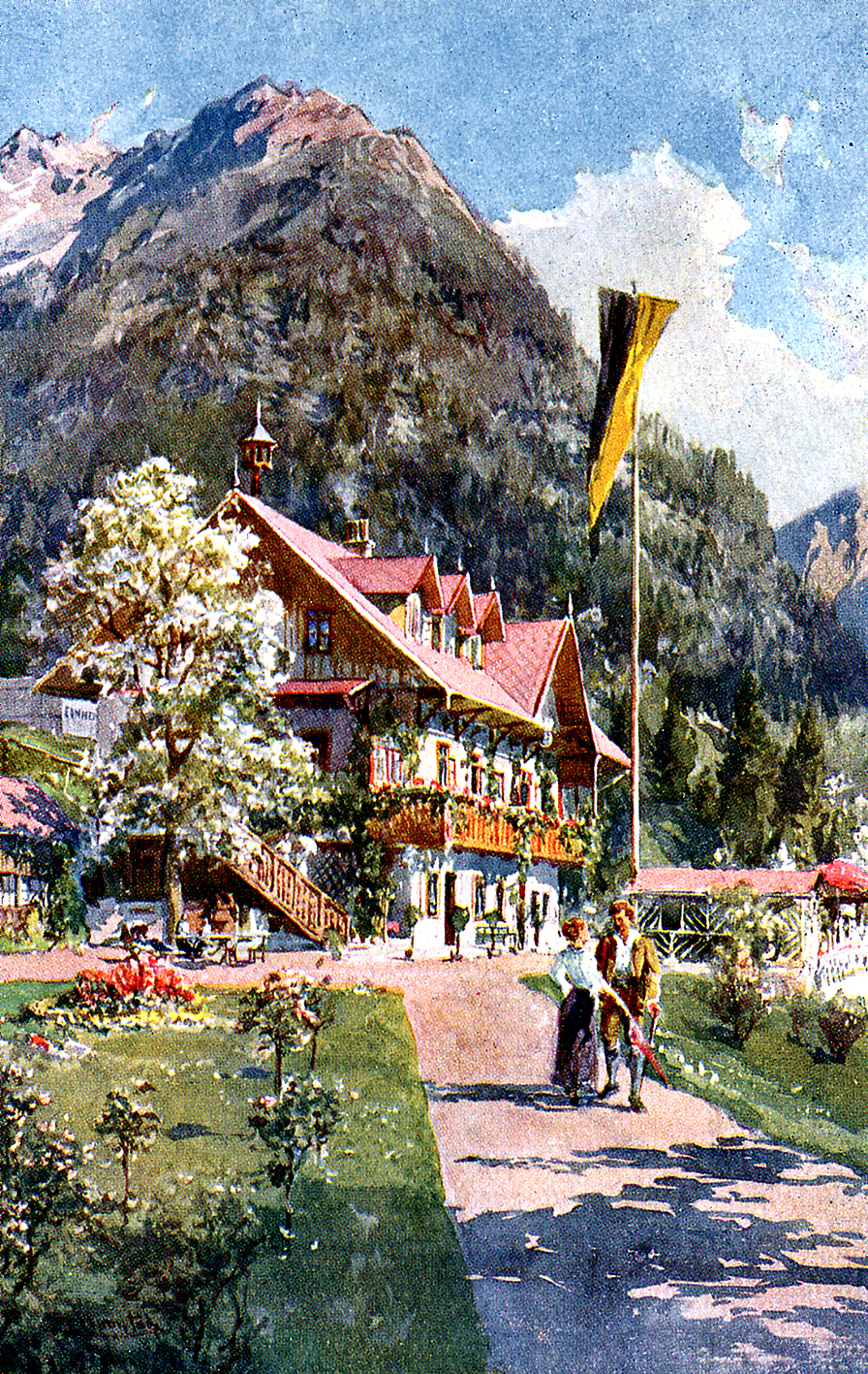 gemaltes Bild der Pension Prielkreuz in Hinterstoder um 1940.