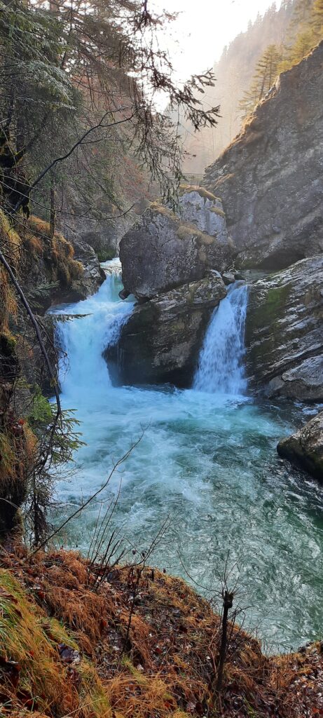 Beautiful clear Steyr River at the Strumboding Waterfall in Hinterstoder. 